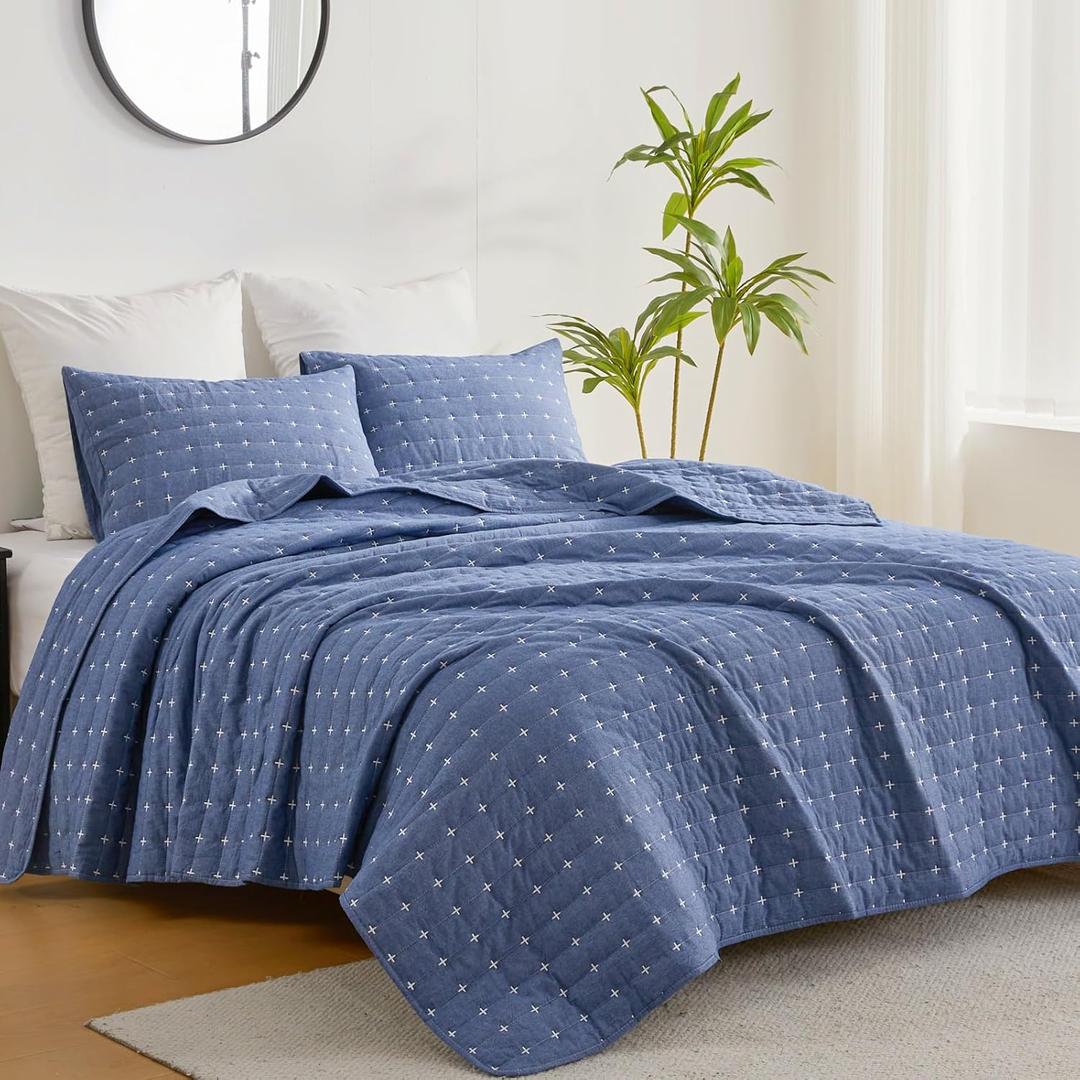 ENJOHOS 100% Cotton Oversized King Bedspread, Blue California King Size Quilt Set for All Season, Reversible Lightweight Soft Coverlet, 3 Pieces, 106"x96"