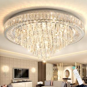 Modern Chandeliers for Living Room Crystal Ceiling Light Fixture LED Dimmable Lamp with Remote Pendant Lighting Flush Mount Ceiling Lighting for Dining Room Bedrooms, 31.5" Width