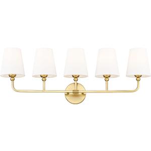 Bathroom Light Fixtures, 5 Light Brushed Gold Vanity Lights with Flared White Fabric Shade, 35 Inch Wall Sconce, Modern Sconces Wall Lighting for Hallway Bedroom, VL837-BG-5