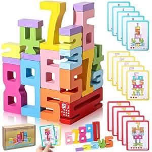 BUYSING Wooden Number Building Blocks 20Pcs-Montessori Toys Stacking Blocks Sets for 3+ Years Old Kids, 1-10 Number Game Balance Competition Toy Gifts for Boys Girls