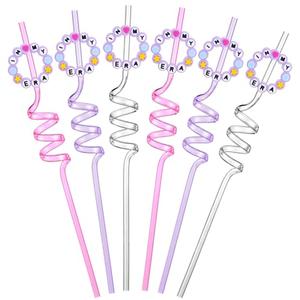 Honeydak 16 Pcs in My Era Twirly Straws Bulk Friend Themed Straw Friendship Bracelet Birthday Party Drinkware Girly Party Favors Reusable Glitter Pink White Purple Straws for Birthday Concert Supplies