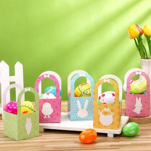 Eaasty 30 Pieces Mini Paper Easter Baskets Bulk Treat Boxes with Handle Easter Gift Boxes Colorful Cute Bunny Containers Gift Wrap Bags for Kids Candy Party Supplies Decoration
