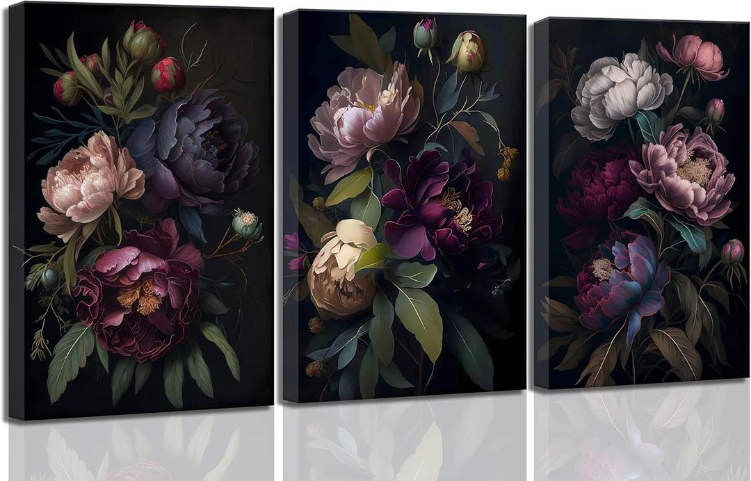 3 Pcs Moody Floral Canvas Wall Art Vintage Dark Peony Flowers Botanical Still Life Painting Picture Wall Decor Poster Print Artwork for Living Room Bedroom Women Room Home Decoration (24L" x 16W")