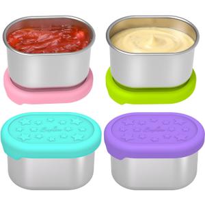 SOPHICO Stainless Steel Salad Dressing Condiment Containers with Leakproof Silicone Lids, 3 oz Mini Small Sauce and Portion Box for Kids Lunch to Go for Snack, Sauce (MIX, 4 PACK) 2.9 x 2 x 1.9 inches