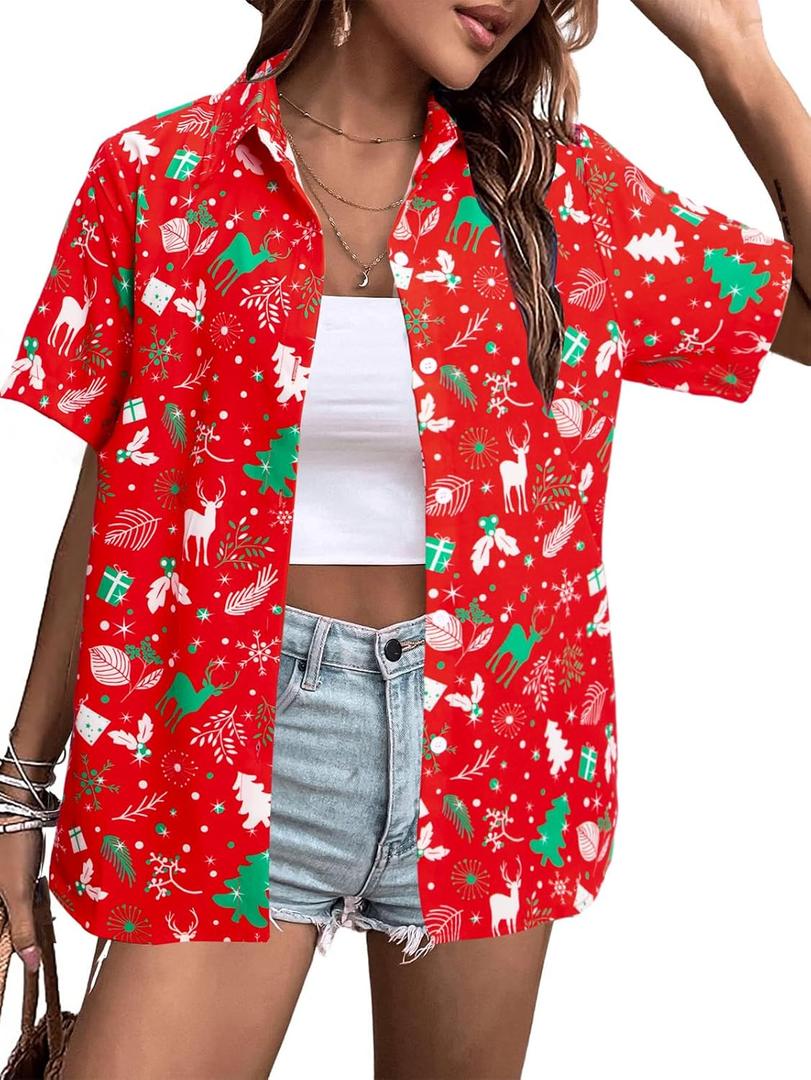 Christmas Shirt Women Hawaiian Button Down Shirts Vintage Christmas Graphic Short Sleeve Button Up Tops (Medium, Red)