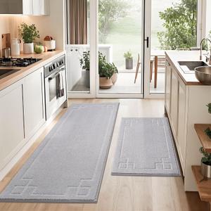 BEQHAUSE Kitchen Rugs Non-Slip Washable Rug Sets of 2, Machine Washable Kitchen Mats Absorbent Soft Kitchen Runner Rugs for Floor, Sink, Hallway, Laundry, 24x36+24x60, Grey