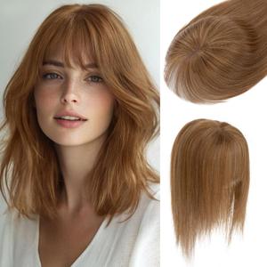 S-noilite Human Hair Topper with Bangs 3603D Cover Toppers Hairpieces for Women Bangs Hair Clip Light Brown 12inch, Hair Topper with Bangs, Light Brown(French)