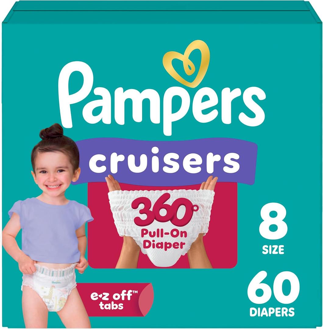 Pampers Diapers - Cruisers 360° - Size 8, 60 Count, up to 100% Leakproof Fit, Designed for Active Babies, Pull On Diaper