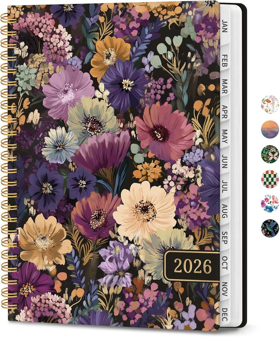 2026 Planner, Weekly and Monthly Calendar Planner for Women, Jan 2026 - Dec 2026, Hardcover Planning Agenda book with Tabs, Spiral Bound, Inner Pocket, Perfect for School Office Supplies, 6.3" x 8.5" - Midnight Bloom