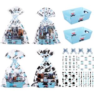 Gueevin 24 Sets Happy Father's Day Empty Gift Baskets, 24 Cardboard Market Trays to Fill 24 Cellophane Bags 24 Blue Pull Bows, DIY Gift Wrapping for Father's Day Birthday Party, 3 count