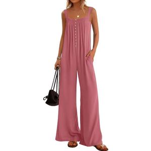 KIRUNDO Summer One piece Jumpsuits for Women 2025 Casual Loose Button Sleeveless Romper Knit Wide Leg Overalls With Pockets Color pink Size XXL