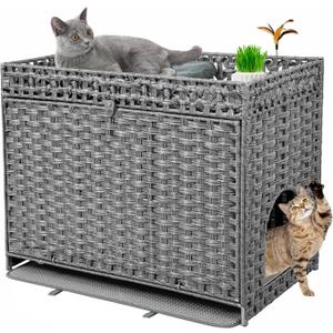 Cat Litter Box Enclosure Furniture Hidden, Pet House Litter Box Furniture for Large Cats, Handwoven Rattan with Door Cat Washroom Box, Indoor Cat House Storage with Soft Litter Mat, Grey