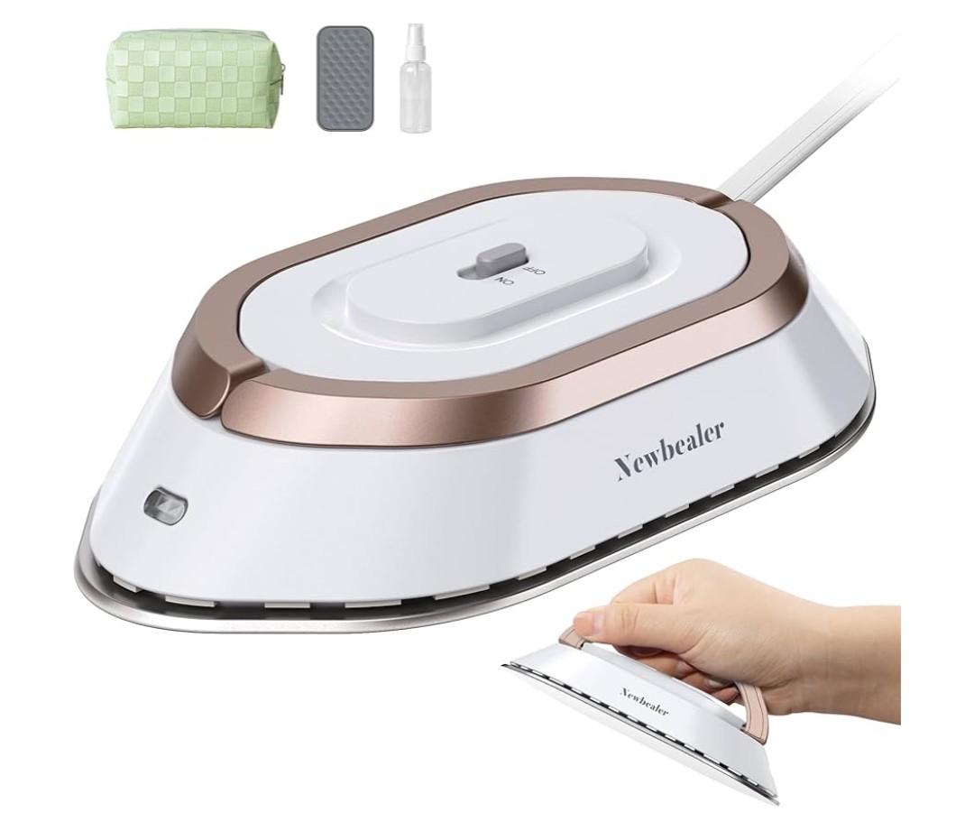 Newbealer Travel Iron with Dual Voltage - 120V/220V Lightweight Dry Iron for Clothes (No Steam), Non-Stick Ceramic Soleplate, 302℉ Heat Press Machine, w/Spray Bottle, Pouch & Silicone Stand (White)