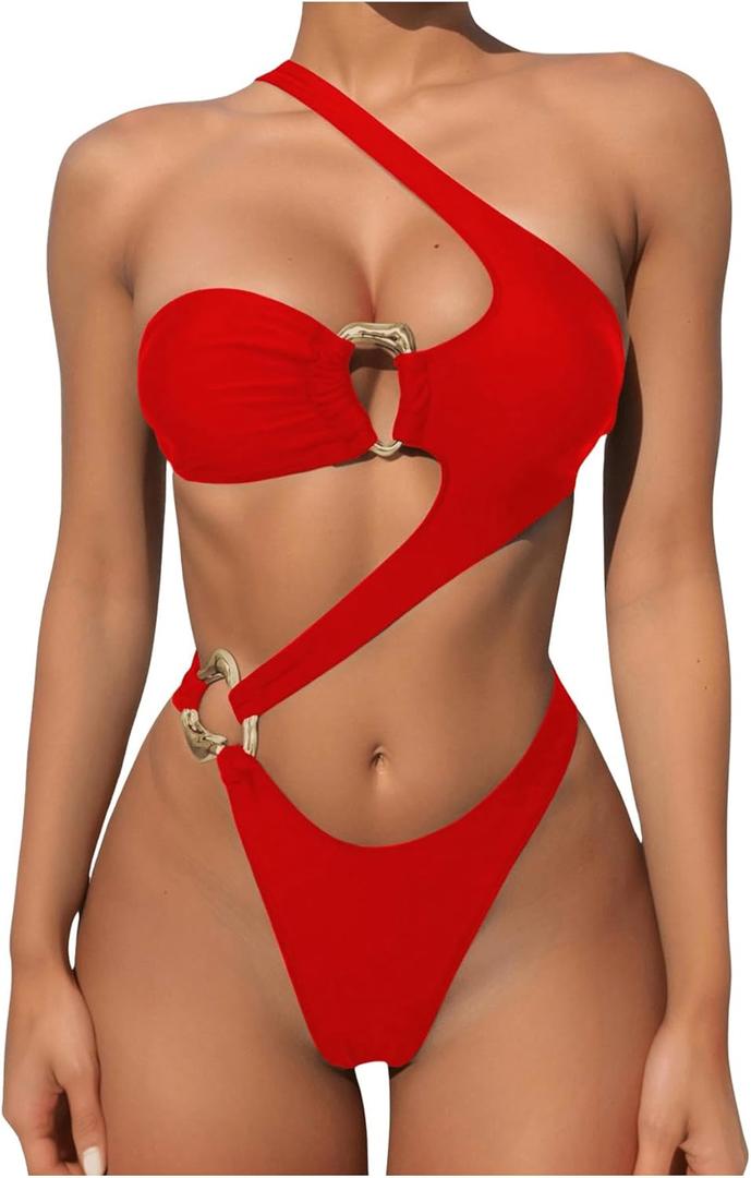 OYOANGLE Women's Ring Linked Cut Out One Shoulder One Piece Swimsuit High Cut Bathing Suits (Red), S