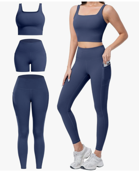 SALSPOR 3 Piece Workout Sets for Women High Waisted Leggings with Pockets Tummy Control Biker Shorts Yoga Sports Bra Size M
