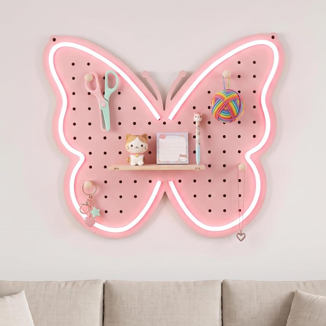 Butterfly Neon Wall Organizer, Pink Peg Board, 17.5 x 12.1 in