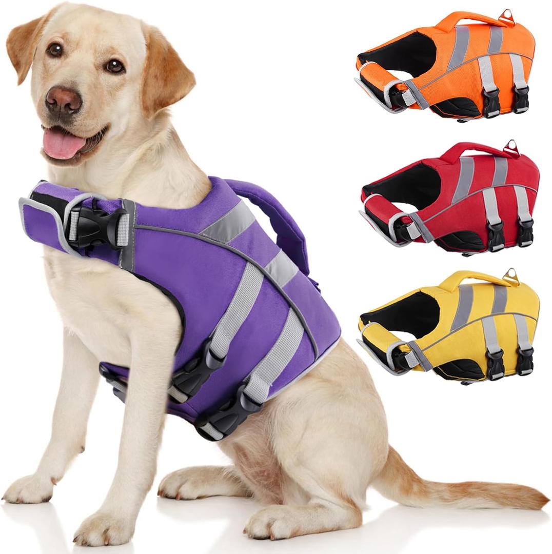 Kuoser Dog Life Jacket with Reflective Stripes, Adjustable High Visibility Doggie Water Vest Ripstop Puppy Lifesaver Pet Life Preserver for Small Medium and Large Dogs Puple XL
