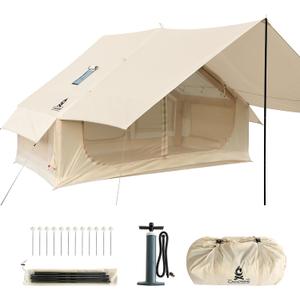 4 Person Inflatable Tent with Stove Jack & Canopy, 4 Season Glamping Air Tent with Panoramic Skylight, AC & Power Port, Waterproof Blow Up Tent House for Camping, Easy Setup