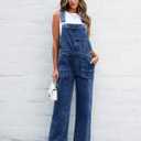 luvamia Jean Overalls for Women Straight Wide Leg Baggy Stretchy Denim Bib Adjustable Strap Casual Jumpsuit Loose Fit (Blue, M)