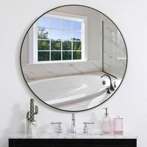 Round Wall Mirror 30 Inches, Large Circle Mirrors with Black Wood Frame for Bathroom, Entryway, Dining Room & Living Room,Tempered Glass-Shatterproof Mirror