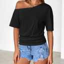 MEROKEETY Women's Off The Shoulder Short Sleeve Tops 2026 Summer Casual Going Out Trendy Y2k T Shirts (Black, XL)