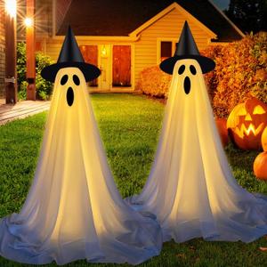 Outdoor Halloween Decorations - 2 Pack Light-Up Ghost Decor with Adjustable Height for Outdoor Porch & Yard, Frightening Standing Ghosts with LED Lights - Scare for a Haunted Halloween