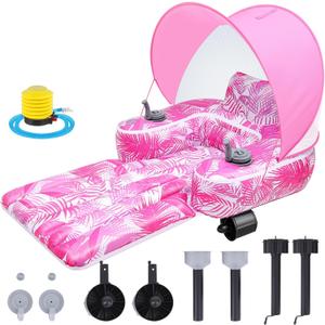 Motorized Pool Float for Adults with Canopy, Inflatable Pool Lounger with Dual Motors, Cup Holders, Foot Pump, Raft Holds up to 220lb, Electric Floaty for Lake Summer Water