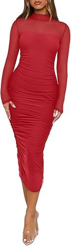 REORIA Women's Fall Mesh Sheer Long Sleeve Midi Ruched Bodycon Dress Mock Neck Elegant Evening Party Cocktail Dresses, M