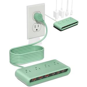 POANES 10 in 1 Flat Plug Power Strip with USB C, PD20W Fast Charging Station with 4 Outlets and 6 USB Port（3 Type C+3 USB A, 5ft Extension Cord, Non Surge Protector for Travel (Green)