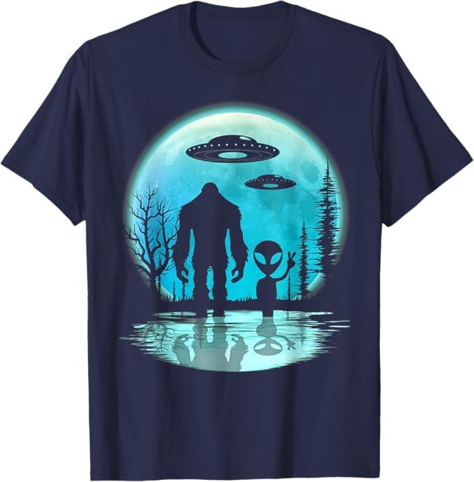 Alien and Bigfoot Moon T-Shirt Small
