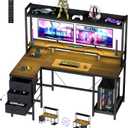 54" Computer Desk with Shelves and Drawers, Gaming Desks with Hutch | 3 Fabric Drawers, PC shelf, Small Study Desk with LED Lights and Power Outlets, Reversible Design, Black