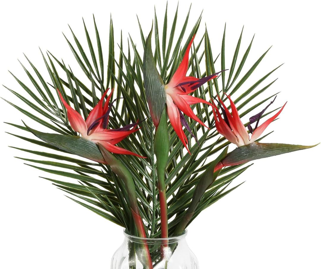 Bird of Paradise Artificial Plant Combo Palm Leaves,Faux Bird of Paradise Plant with Artificial Palm Leaves for Wedding Garden Office Home Indoor and Outdoor Decor(Red)