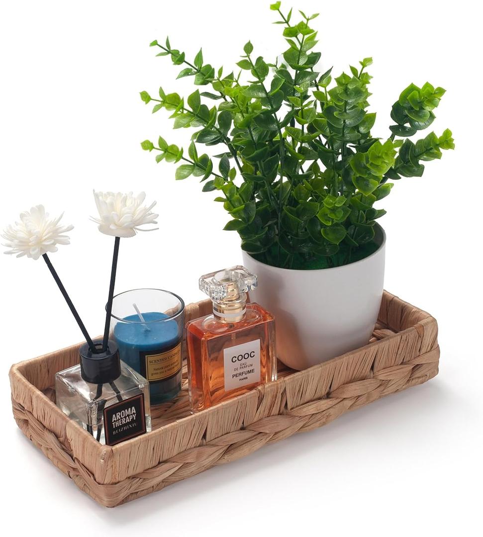 Woven Bathroom Vanity Tray for Storage Water Hyacinth Back of Toilet Basket Long Narrow Guest Towel Holder (Natural 10.2 x 4.9 x 1.8 inch)