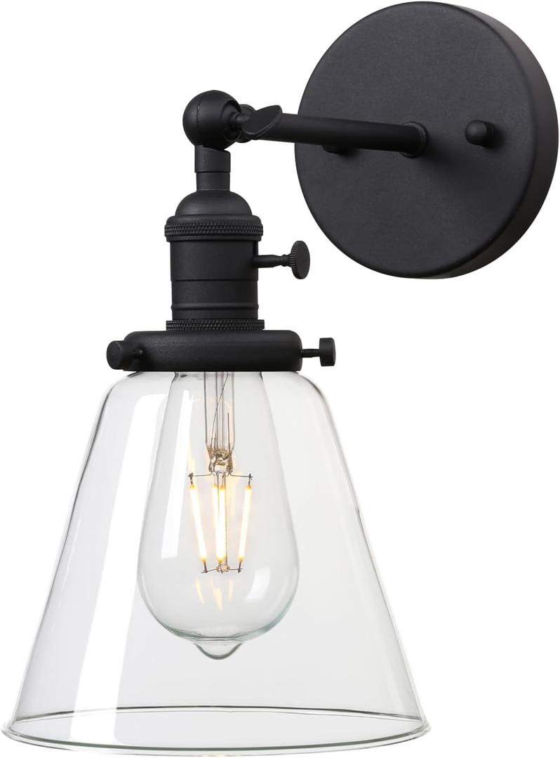 PERMO Industrial Black Wall Sconce with On/Off Switch and Funnel Flared Clear Glass Shade for Living Room Bathroom Bedroom