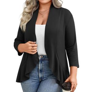 Anymiss Women's Spring Summer Plus Size Open Front Cardigan 3/4 Sleeve Lightweight Ruffle Hem 1X-6X (XX-Large, B-plus Size-black)