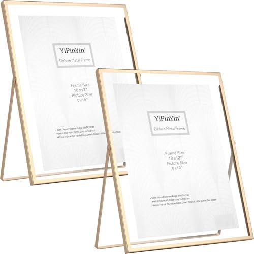 YiPinYin Gold 10x12'' Floating Frame Set of 2,For Photo Sizes 5x7'', 7x9'', 810'', 8.5x11'', Metal Frames for Tabletop/Shelf Display,Classy Gift Choice for Wedding,Birthady,Home or Office Decor