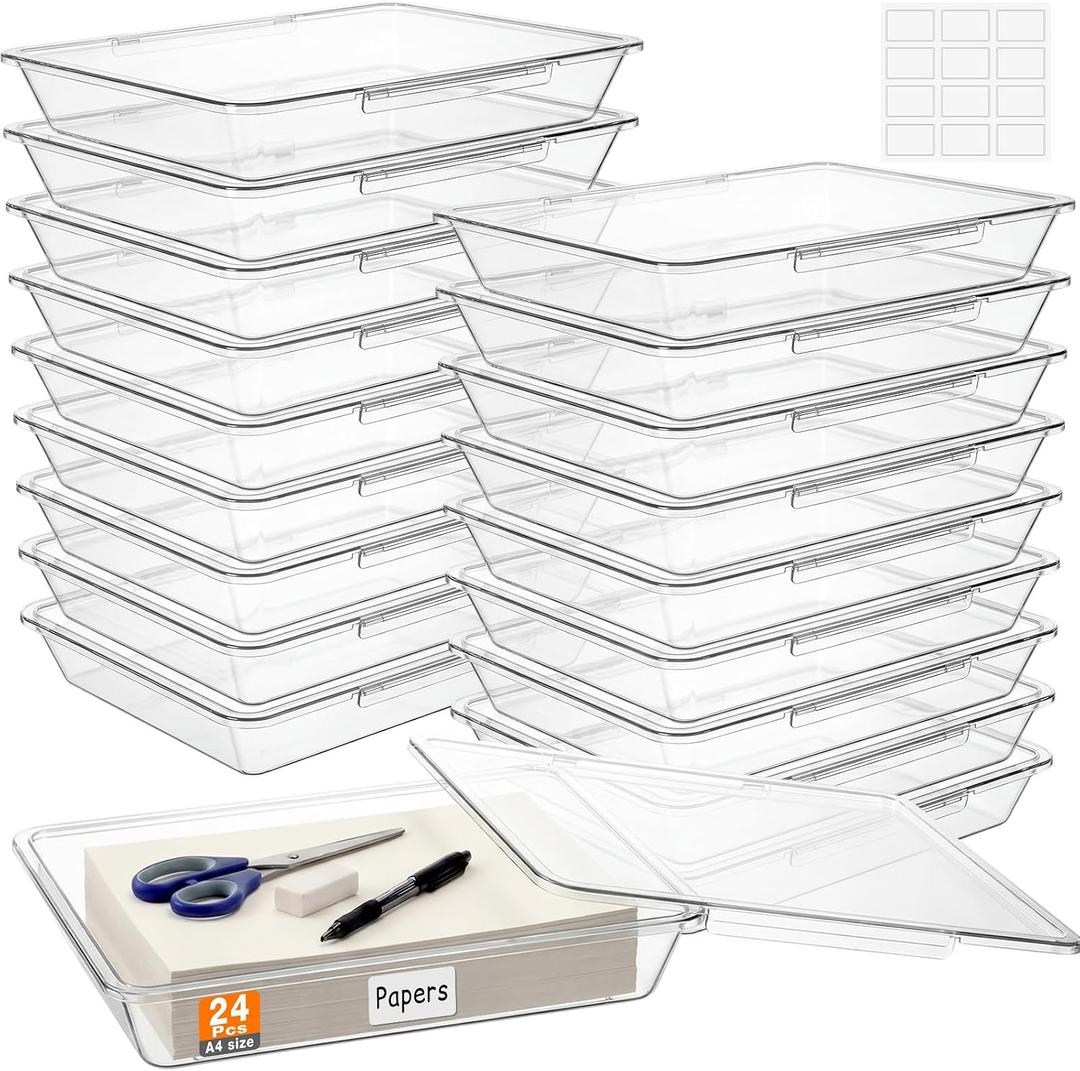 Tinlade 24 Pcs Classroom Paper Storage Bins with Lids, Clear, 13x10in