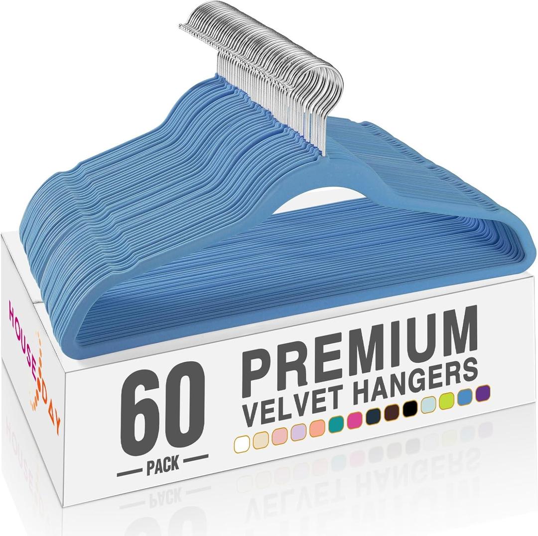 HOUSE DAY Tranquil Blue Velvet Hangers 60 Pack, Non Slip Clothes Felt Hanger Heavy Duty for Coat, Premium Slim Space Saving Suit Hangers for Closet Organizer, 360 Rotating Silver Hook