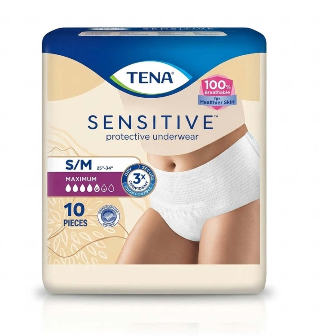 Tena Sensitive Care Incontinence Underwear for Women, Maximum, S/M, White, 10 Count (Waist Size 25in-34in)