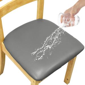 Treaful Chair Covers for Dining Chairs, 2 Pcs Waterproof Dining Room Chair Seat Covers, PU Leather Stretch Kitchen Dining Room Chair Covers Seat Cushion Slipcovers Protectors with Elastic Ties-Grey