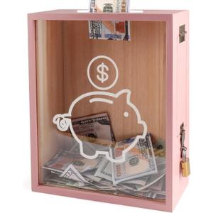 Clear Piggy Bank with Lock, Large Money Saving Money Bank Box Container for Cash Saving, Openable Clear Money Coin Change Bank Container Penny Piggy Bank for Adults Kids, Pink