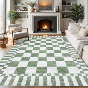 GarveeHome Sage Green Checkered Rug 57 Area Rugs for Living RoomNon-Slip Washable Rug Soft Low-Pile, Modern Farmhouse Geometric Rugs for Bedroom Dining Room