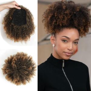 Afro Puff kinky curly Drawstring Ponytail Extension for Women Afro Drawstring Ponytail Kinky Curly Afro Puffs Synthetic Curly Ponytail Hairpieces Updo Hair Extensions with Two Clips (16 Inch, T1B/27#)