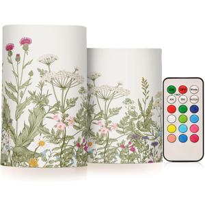 Flickering Flameless Candles, Flowers Herbs Wildflowers Botanical LED Candles with Remote Timer, Set of 2 Battery Operated Candle for Valentine Wedding Birthday (D3" x H5", D3" x H4", A3371)
