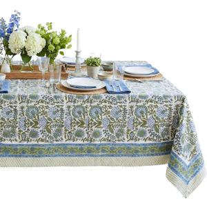 ATOSII Clover Blue 100% Cotton Rectangle Fall Tablecloth, Handblock Floral Linen Table Cloth for Kitchen Dining Table I Parties Christmas Thanksgiving I Fall Home Decor 60 X 90 Inches I 6 Seater