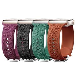 5 Pack Floral Engraved Bands Compatible with Apple Watch Band for Women 40mm 41mm 42mm 44mm 45mm 46mm 38mm 49mm, Cute Silicone Flower Pattern Strap for iWatch Series 11 10 9 8 7 6 5 4 3 SE Ultra / Green,Pink,Black,Orange