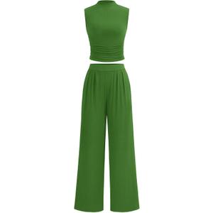 PRETTYGARDEN 2 Piece Sets for Women Summer 2025 Airport Travel Outfits Crop Tank Tops Wide Leg Pants Matching Lounge Sets (Green, XXL)