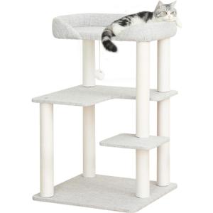 PETTIFUL 37.5" Cat Tree Tower for Large & Senior Cats, Low-Step Design, Light Grey 37.4''