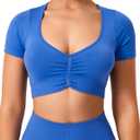 TAYOEA Crop Tops Workout for Women Yoga Short Sleeve Shirts Seamless V-Neck Gym T Shirts with Built in Pads (Medium, Blue)