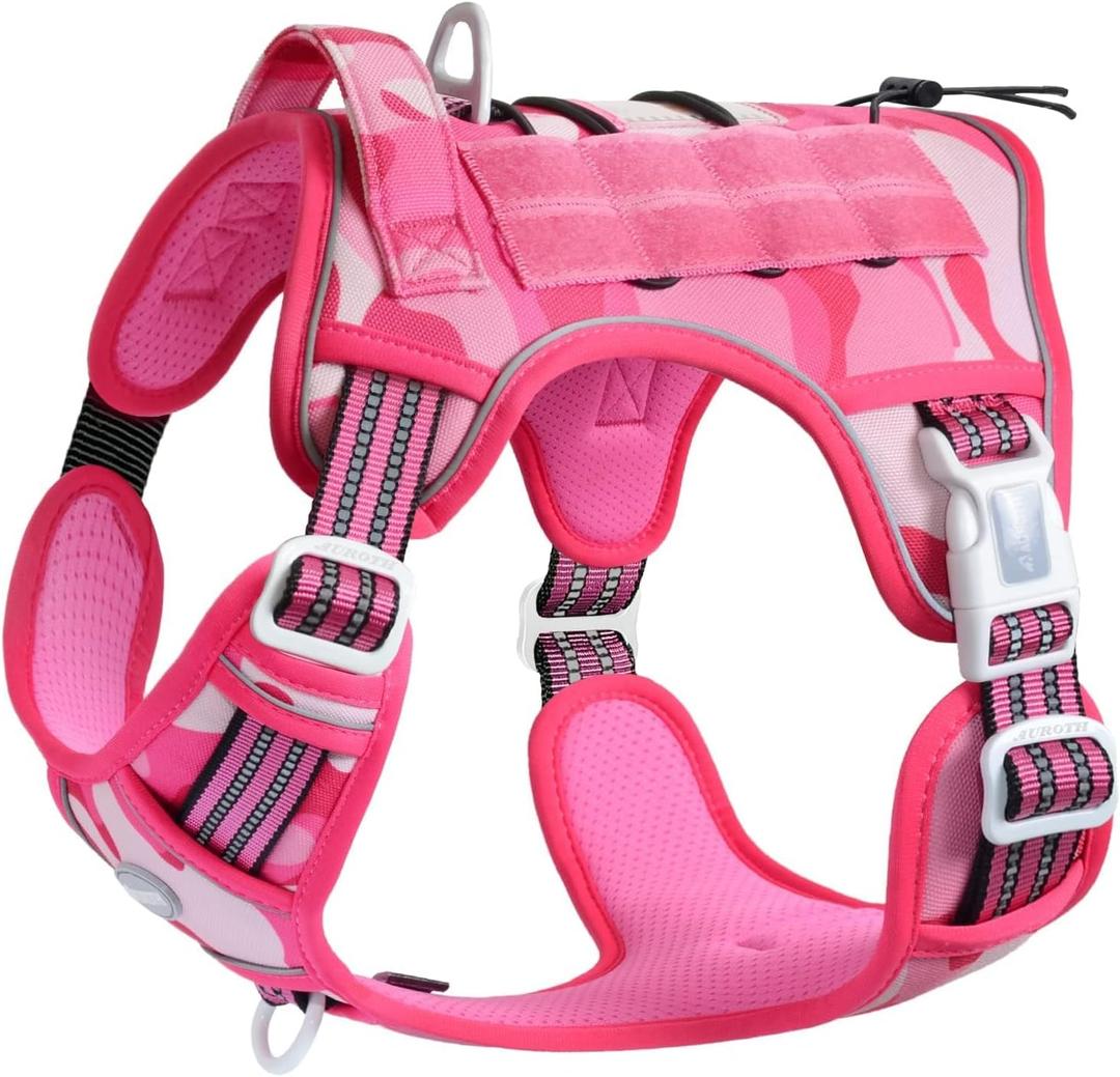 Auroth Tactical Pet Harness for Small Medium Large Dogs No Pull Adjustable, Reflective K9 Working Training Easy Control Vest Military Service Dog, Medium, Pink Camo (M(Neck:16-22",Chest:22-33"),35-50 lbs)
